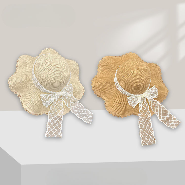 流行帽子|夏季防曬遮陽草帽子女法式波浪邊蝴蝶結海邊太陽帽大帽檐漁夫帽潮「C5272」25.05-3