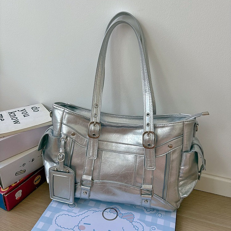 日韓流行|甜酷風大容量托特包個性百搭手提機車包簡約Y2K單肩包通勤斜挎包「D9036」25.09-5