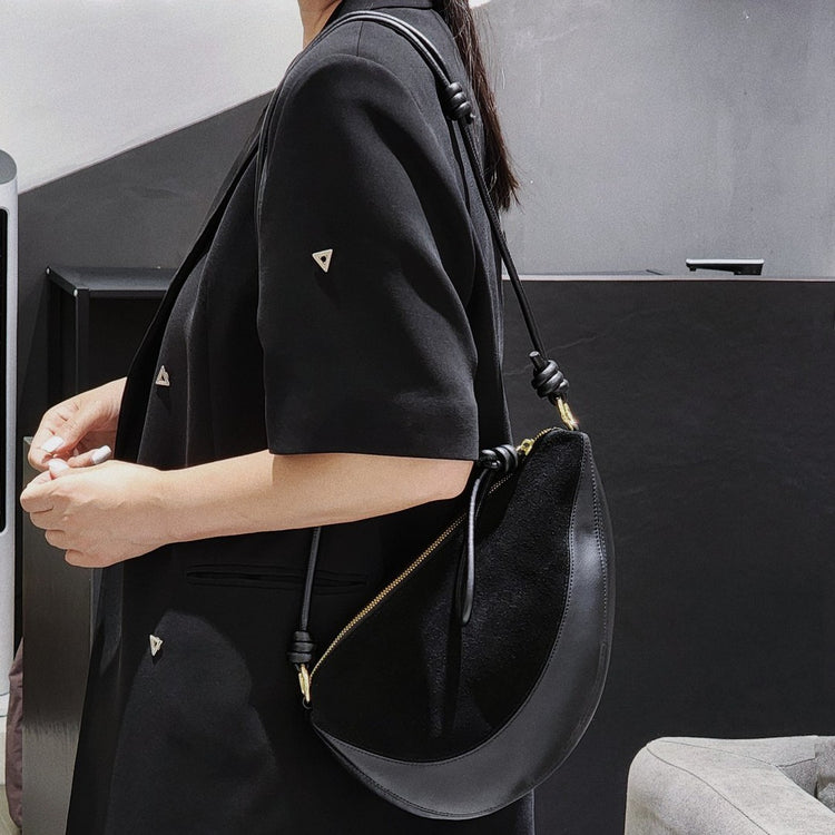 質感真皮|磨砂牛皮拼接羊皮月牙包女包2024新款真皮休閒斜背餃子包百搭單肩「3300-3#」24.10-2