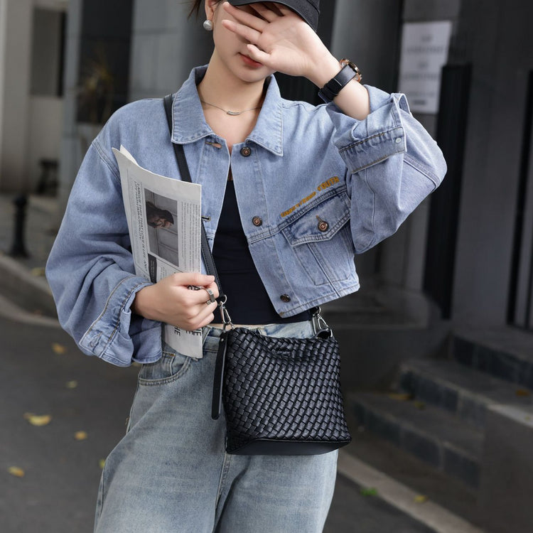 質感真皮|2024新夏季編織手提菜籃時尚百搭肩背包斜背包水桶網紅休閒包「6952」24.07-2