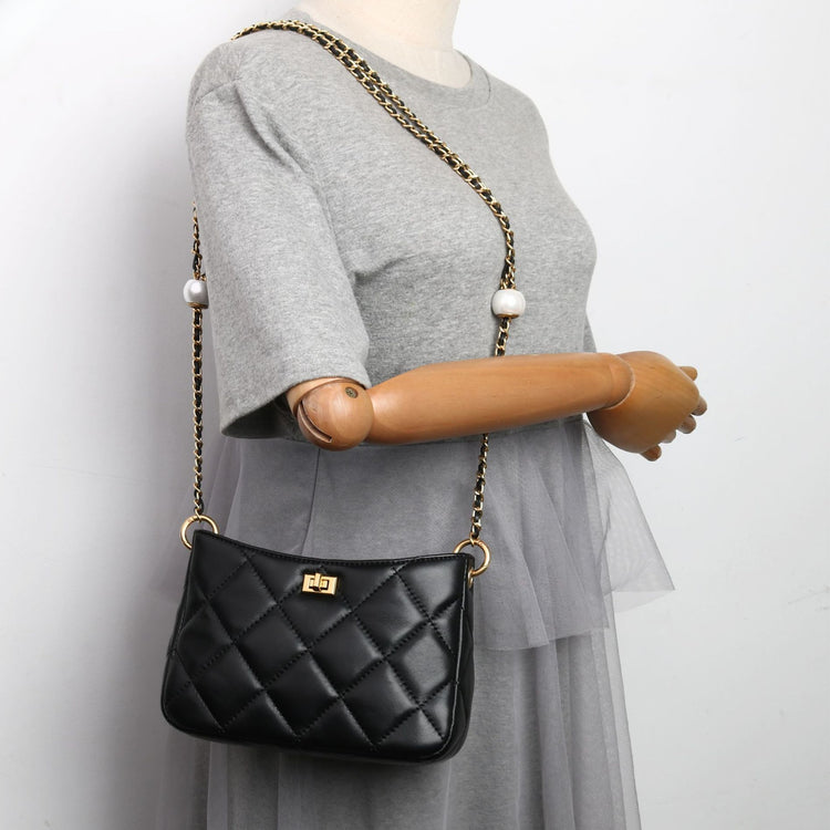 質感真皮|2024新款春夏小眾設計時尚珍珠鏈條包包女潮斜背包級質感肩小方包「8063#」24.05-1