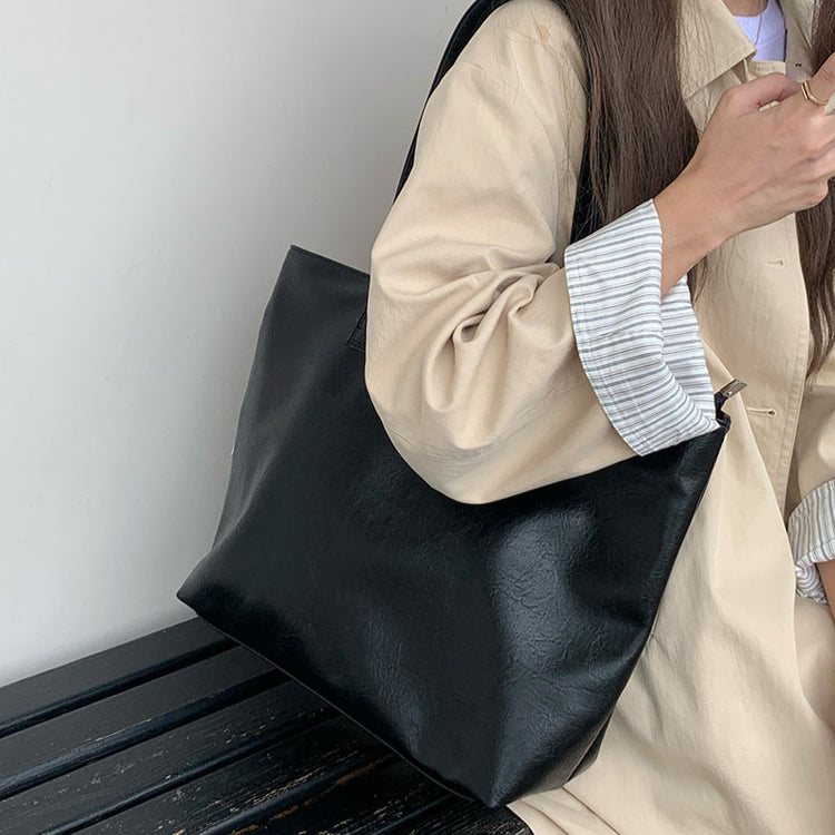 日韓流行|休閒單肩包女2024新款原創上班上課通勤軟皮包大容量簡約托特大包「D8911」24.10-2