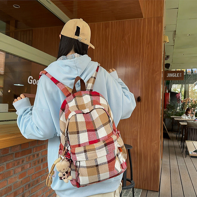 致青春|文藝格紋雙肩包日系ins簡約背包秋冬款校園背包百搭高中學生書包「0767-127」25.01-2