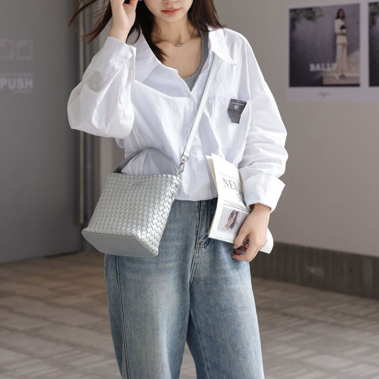 質感真皮|2024新夏季編織手提菜籃時尚百搭肩背包斜背包水桶網紅休閒包「6952」24.07-2