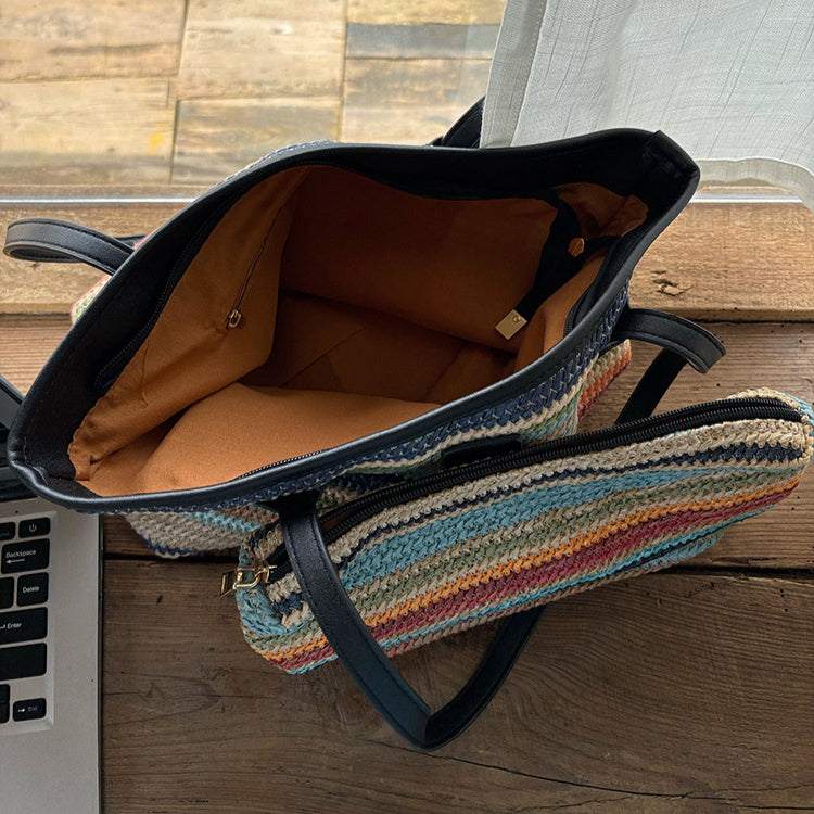 日韓流行|夏日彩色大容量通勤編織包度假沙灘包女士托特包包百搭彩虹單肩包「J9006」25.07-1