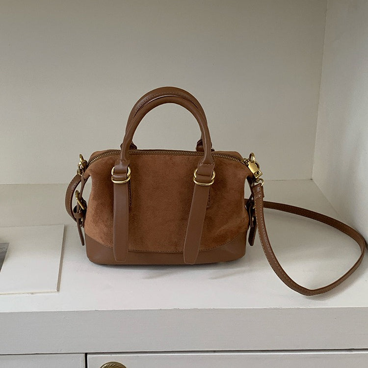 日韓流行|復古棕色麂皮絨手提包包女冬季2025新款潮韓版保齡球包多功能斜挎包「H9051」25.12-1