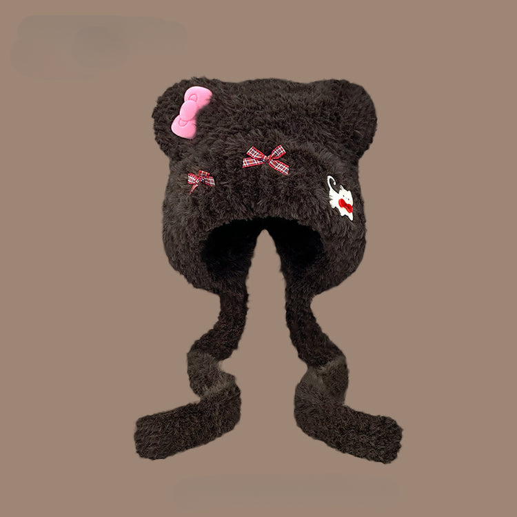 流行帽子|可愛小熊耳朵貓咪蝴蝶結帽子女秋冬加厚保暖毛絨帽護耳針織雷鋒帽「C5591」25.09-2