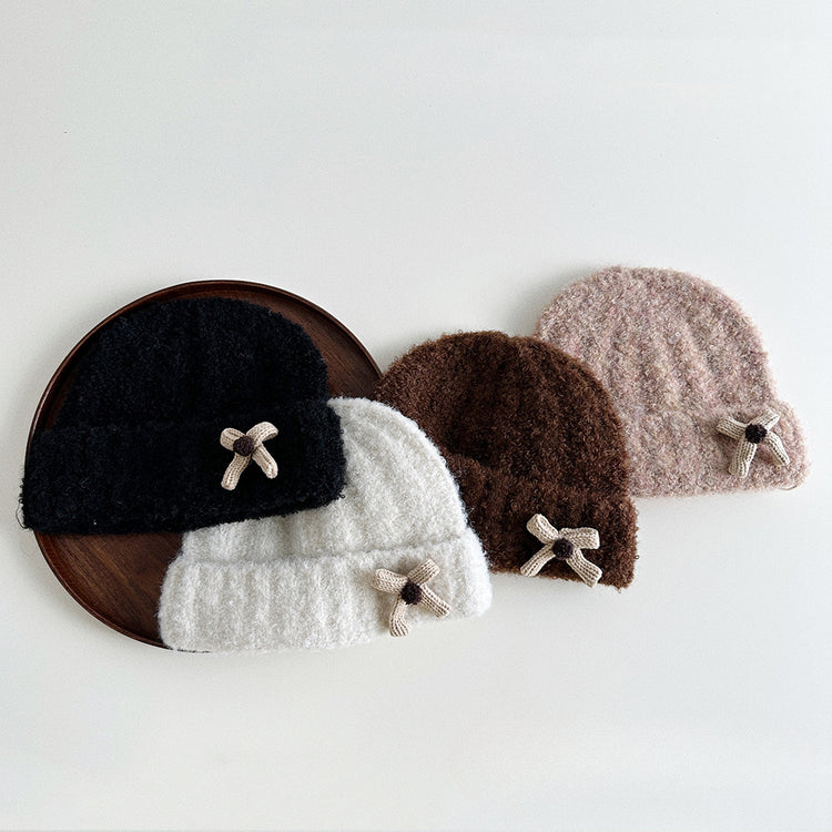 流行帽子|蝴蝶結毛線帽女韓版百搭防風護耳加厚保暖圈圈紗針織帽保暖帽子「5329SG」24.10-1