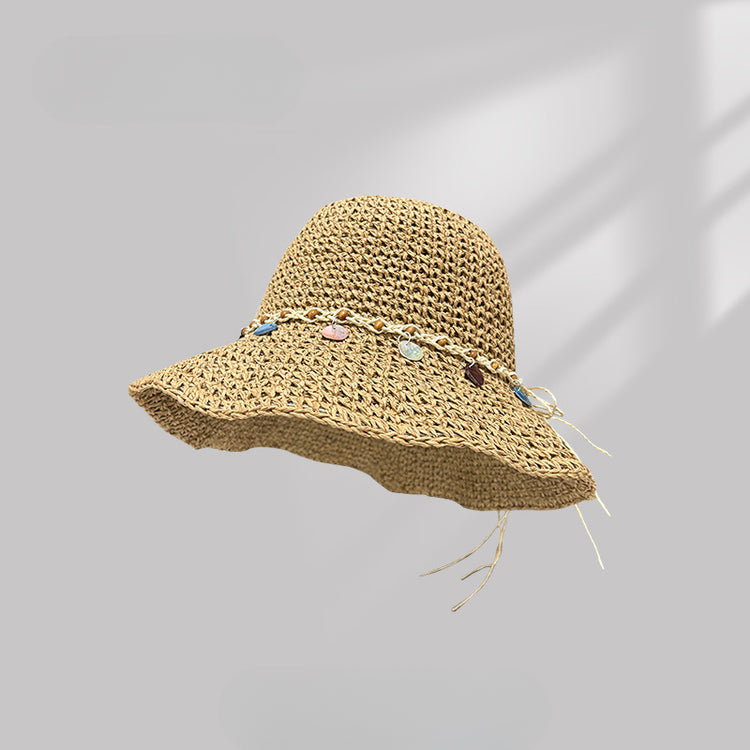 流行帽子|民族風貝殼裝飾鏤空草帽子女夏防曬透氣遮陽帽戶外出遊沙灘太陽帽「C5179」25.04-3