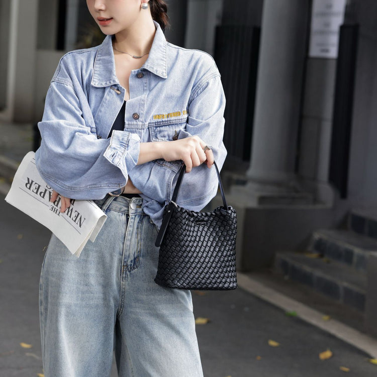 質感真皮|2024新夏季編織手提菜籃時尚百搭肩背包斜背包水桶網紅休閒包「6952」24.07-2