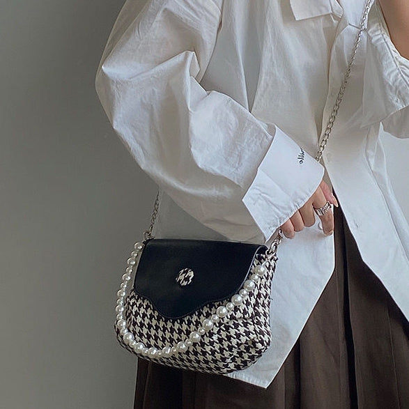 日韓流行|韓國2025年新珍珠手提包千鳥格撞色單肩腋下包百搭時尚鏈條斜背包「9592#」25.04-5