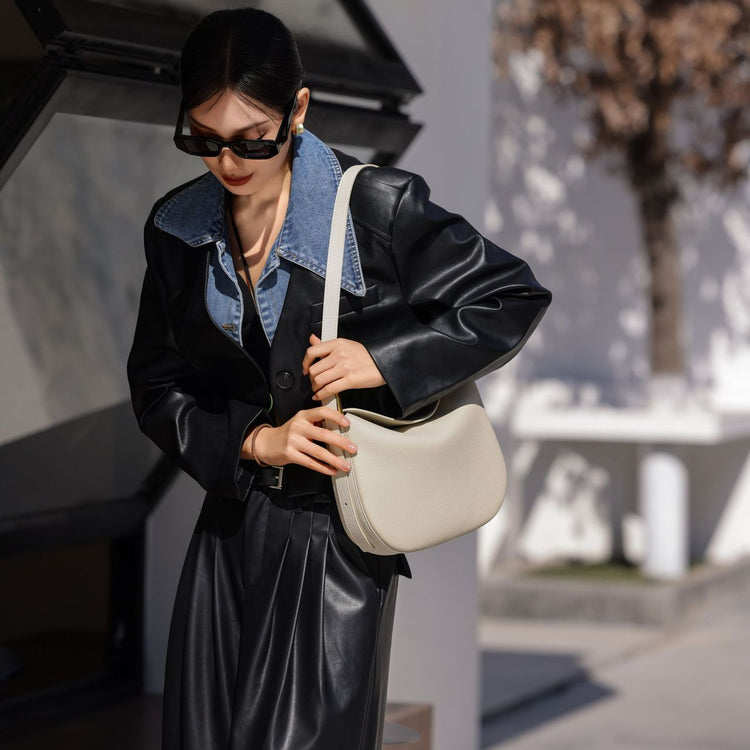 質感真皮|牛皮包2024春季新款簡約時尚半月包復古純色百搭單肩腋下包女「6897」24.02-2