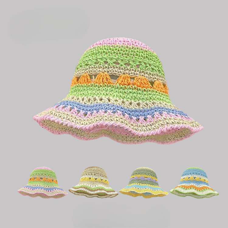 流行帽子|多巴胺彩虹鏤空草帽子女夏季出遊遮陽防曬帽海邊沙灘顯臉小太陽帽「C5102」25.03-3