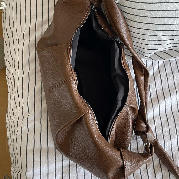 日韓流行|韓系ins大容量復古軟皮褶皺餃子包慵懶風休閒百搭牛角單肩斜挎包「9315#」24.03-3