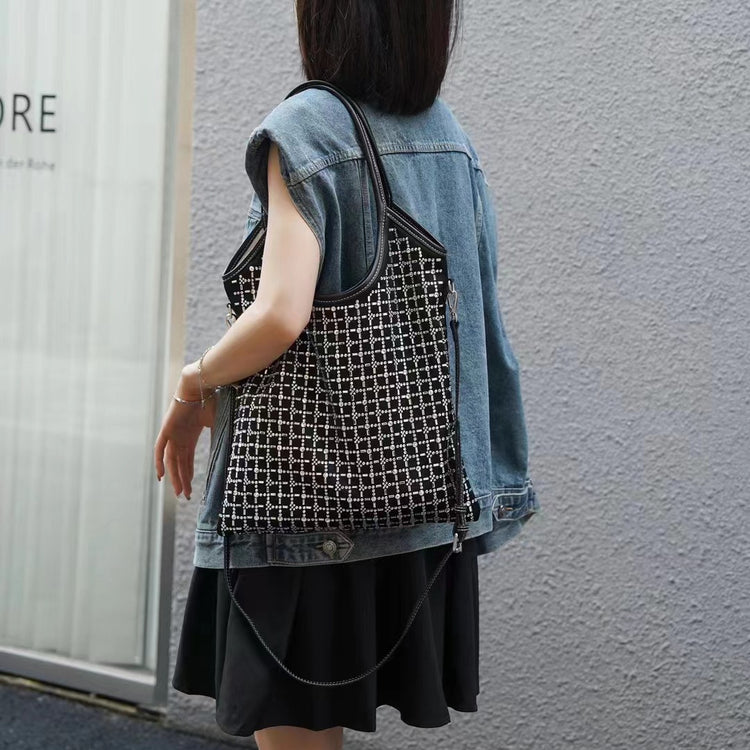 質感真皮 | 韓版小眾綢緞鑲鑽包包女2024新款時尚網紅單肩腋下包通勤斜挎托特包「8123/8125」24.05-3