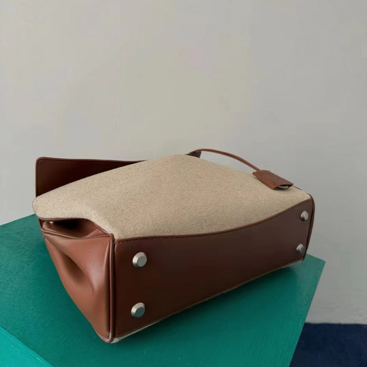 質感真皮|2024新款高級感大容量帆布拼皮手提單肩包時尚潮流通勤拼接鎖扣手提包「2328」24.07-5