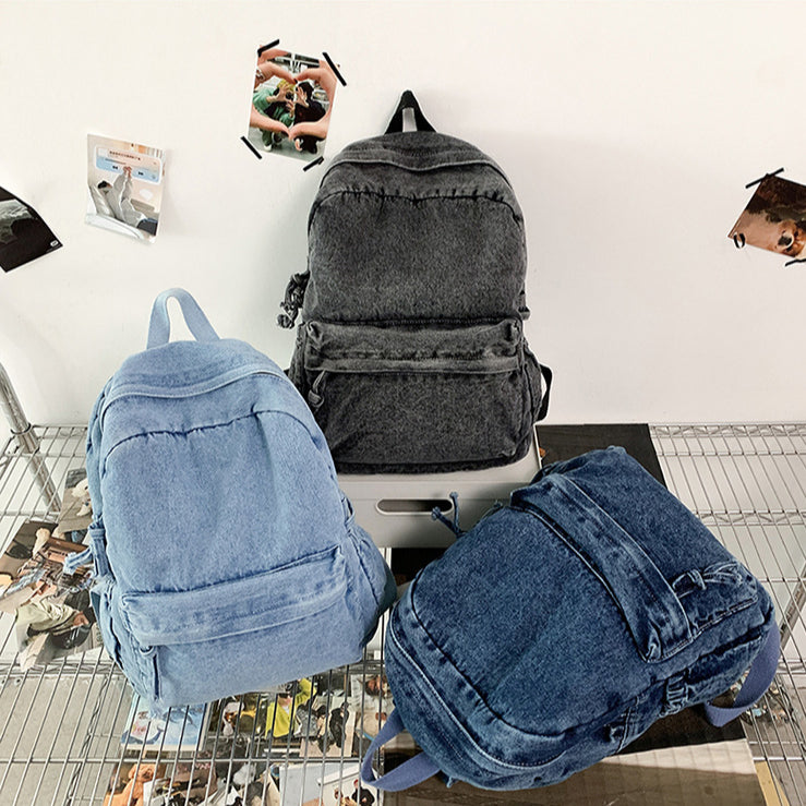 致青春|復古純色牛仔布雙肩包簡約大容量休閒旅行背包百搭國高中學生書包「1869-132」25.02-2
