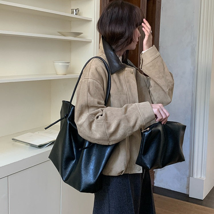 日韓流行|秋冬復古咖色綁帶托特包女士2025簡約大容量通勤單肩包時尚手提包「L9045」25.11-1