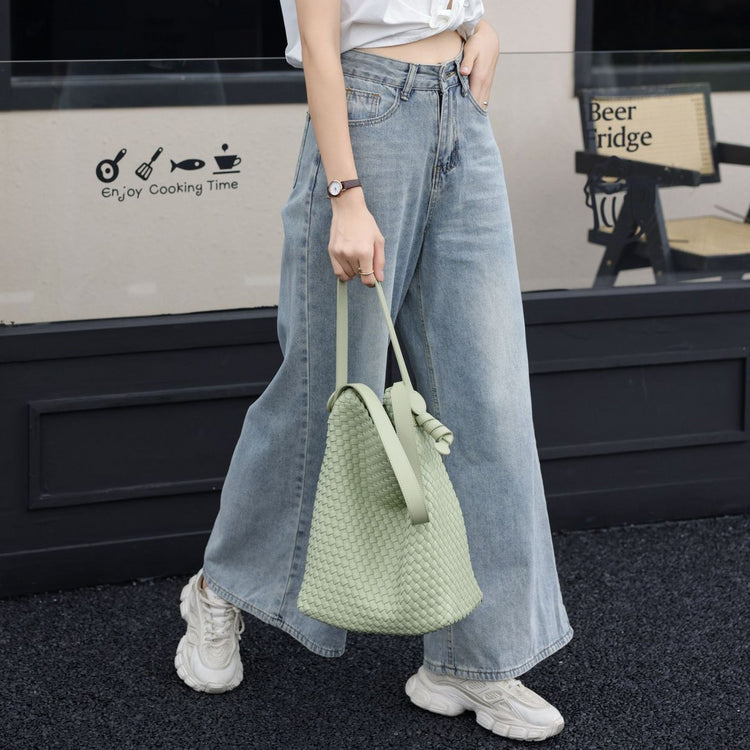 質感真皮|2024夏新款休閒編織菜籃水桶包小眾大容量單肩高級感簡約斜背包「6942」24.07-2