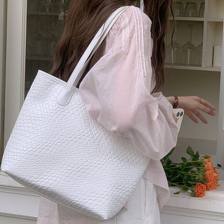 日韓流行|大容量編織托特包包女2025新款潮時尚百搭單肩包高級質感通勤大包「9600#」25.05-1