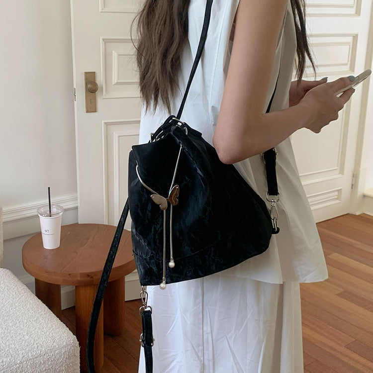 日韓流行|薄荷曼波綠雙肩包包女式2024新款韓國蝴蝶拉繩水桶包百搭ins單肩腋下包「9450#-2」24.08-1