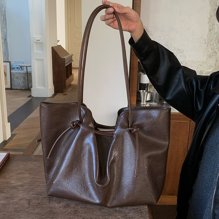 日韓流行|秋冬復古咖色綁帶托特包女士2025簡約大容量通勤單肩包時尚手提包「L9045」25.11-1