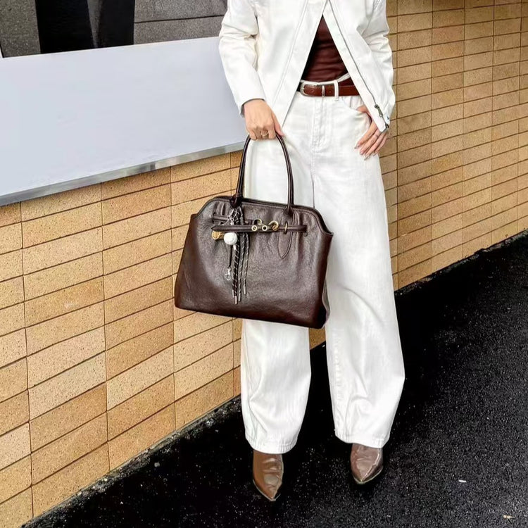 質感真皮|2024新款大容量腋下托特包ins網紅同款小眾復古百搭手提包高級感皮帶扣裝飾大包「8159」24.08-3