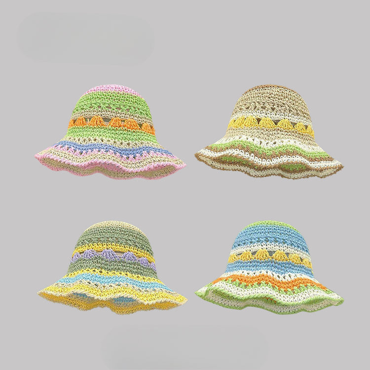 流行帽子|多巴胺彩虹鏤空草帽子女夏季出遊遮陽防曬帽海邊沙灘顯臉小太陽帽「C5102」25.03-3