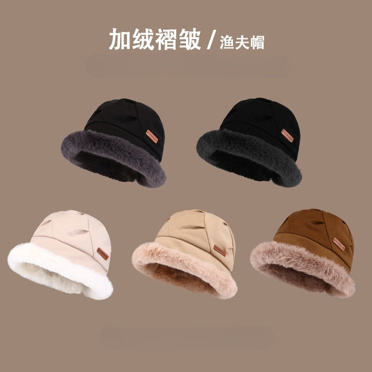 流行帽子|秋冬季帽子女保暖日系毛絨顯臉小簡約百搭布標ous加絨褶皺漁夫帽「C3401」24.11-4