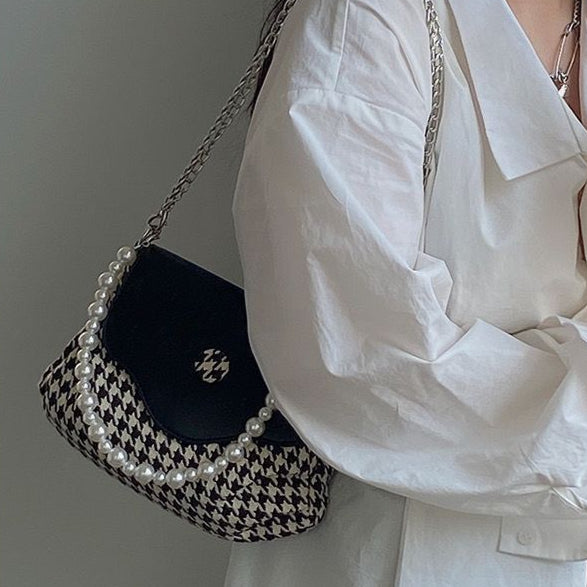 日韓流行|韓國2025年新珍珠手提包千鳥格撞色單肩腋下包百搭時尚鏈條斜背包「9592#」25.04-5