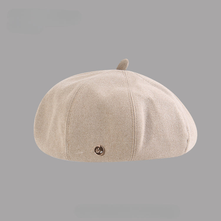 流行帽子|秋冬新款金屬標大頭圍帽子女文藝復古貝雷帽日系顯臉小八角畫家帽「C5463A」25.08-3