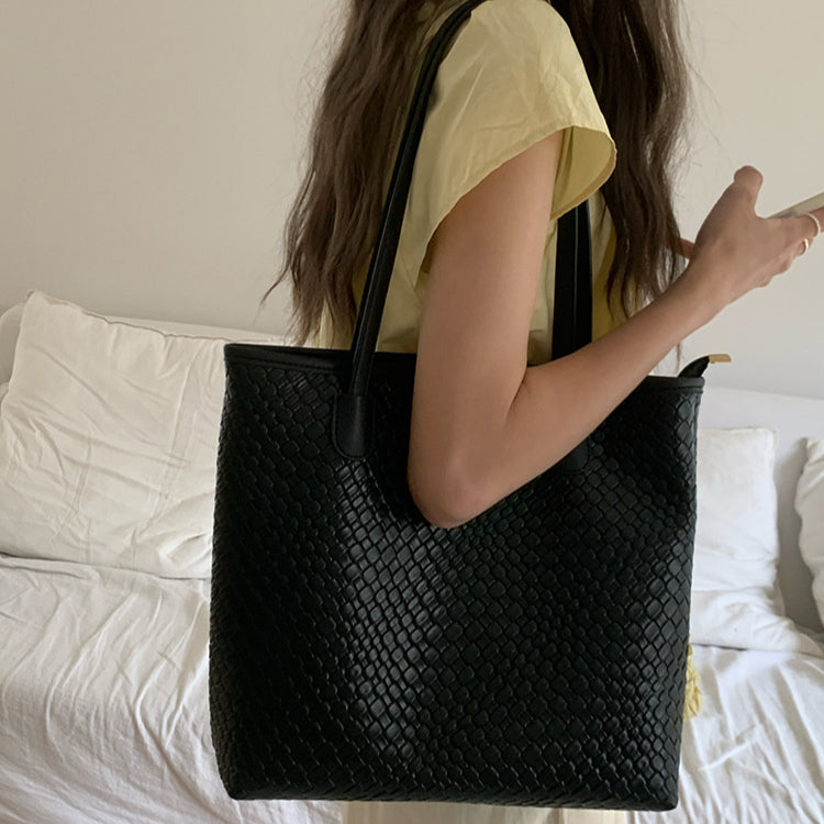 日韓流行|大容量編織托特包包女2025新款潮時尚百搭單肩包高級質感通勤大包「9600#」25.05-1