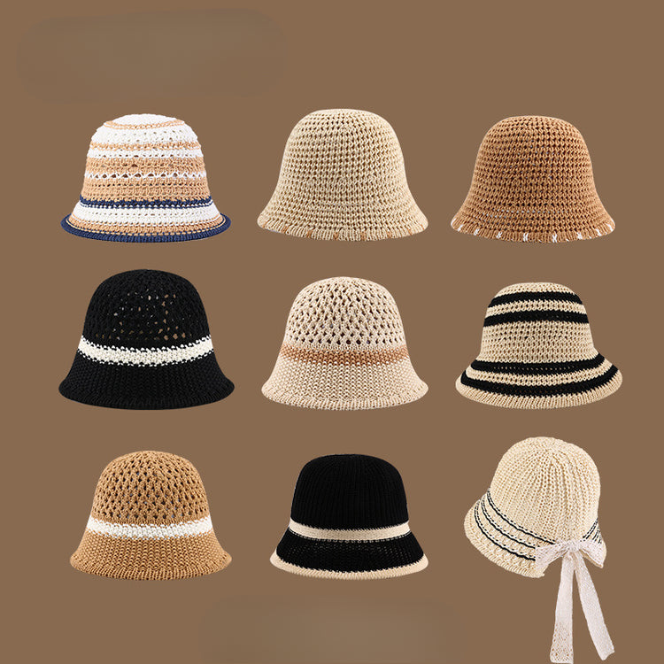 流行帽子|夏季新款鏤空透氣帽子女編織草帽遮陽沙灘水桶帽海邊太陽帽子批發「C5038」25.05-2