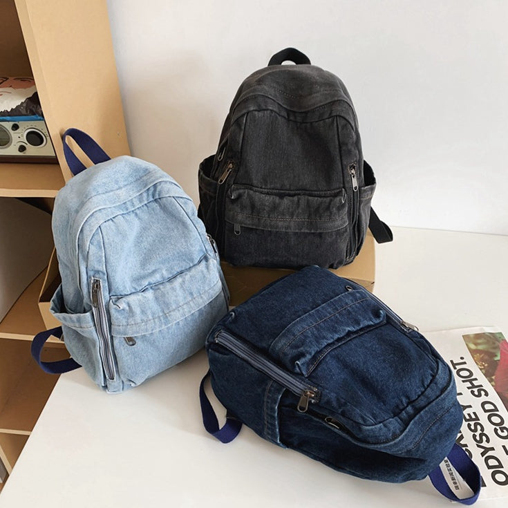 致青春|日系水洗牛仔帆布書包女高中大學生雙肩包時尚簡約旅行背包「090-320」24.04-2