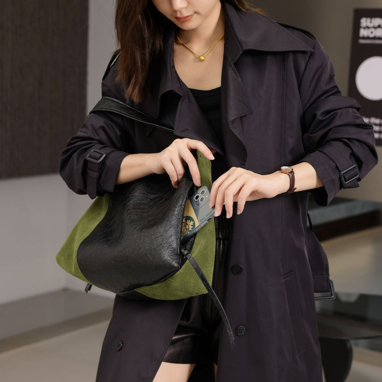 質感真皮|高級感拼接托特包女2024新款單肩斜挎真牛皮大包大容量通勤腋下包「6957」24.08-3