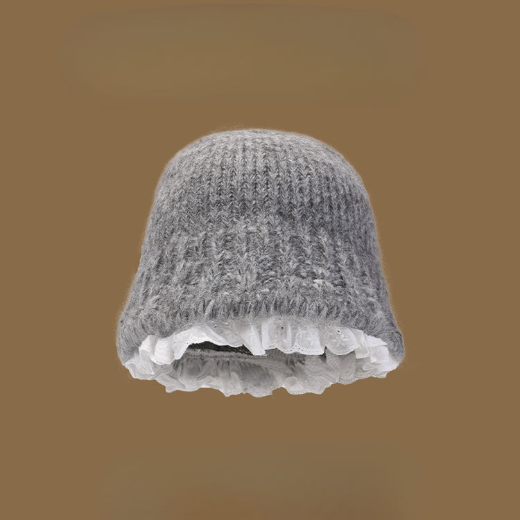 流行帽子|甜美純色白色花邊毛線帽女秋冬韓系保暖顯臉小盆帽針織毛線帽子女「C4628」24.10-3