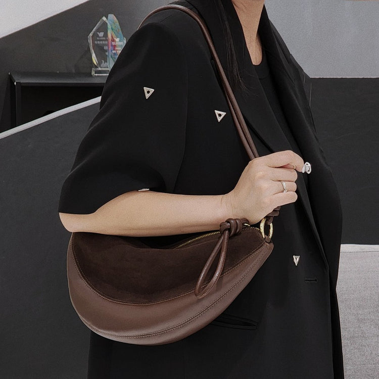 質感真皮|磨砂牛皮拼接羊皮月牙包女包2024新款真皮休閒斜背餃子包百搭單肩「3300-3#」24.10-2