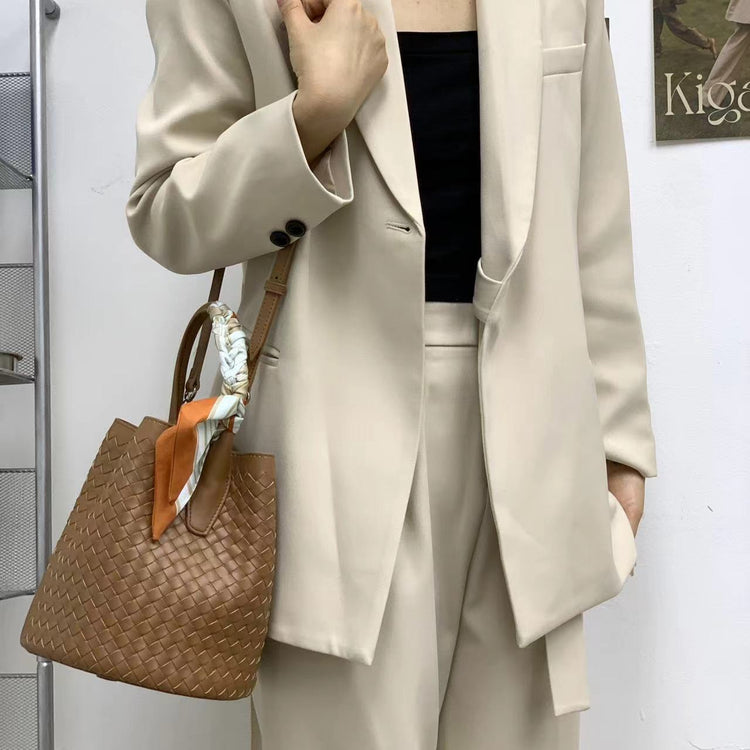 質感真皮 | 編織牛皮水桶包女斜背包大容量高級感真皮菜籃子手提包女通勤單肩「6006」24.08-4