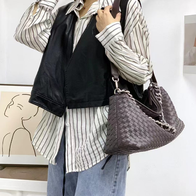 質感真皮|軟皮編織包枕頭包豆腐包大容量腋下包單肩斜挎通勤包高級感百搭通「6018」24.09-2