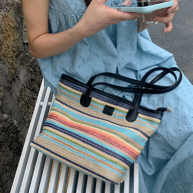 日韓流行|夏日彩色大容量通勤編織包度假沙灘包女士托特包包百搭彩虹單肩包「J9006」25.07-1