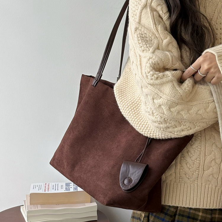 日韓流行|秋冬復古麂皮絨大容量包包新款女式休閒棕色托特包手提單肩通勤包「4F656」25.12-2