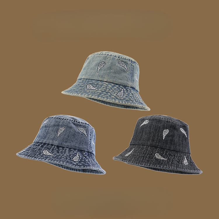 流行帽子|韓版葉子刺繡牛仔漁夫帽子女春秋水洗復古戶外百搭遮陽小檐水桶帽「C4961」25.03-1