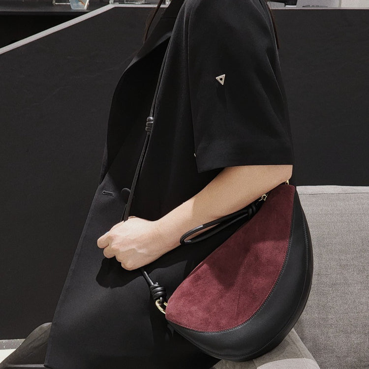 質感真皮|磨砂牛皮拼接羊皮月牙包女包2024新款真皮休閒斜背餃子包百搭單肩「3300-3#」24.10-2