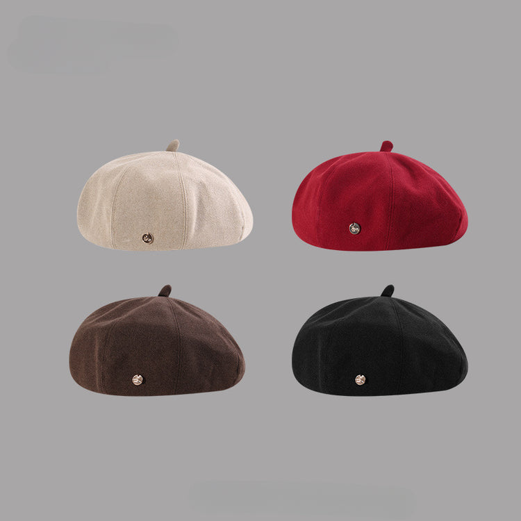 流行帽子|秋冬新款金屬標大頭圍帽子女文藝復古貝雷帽日系顯臉小八角畫家帽「C5463A」25.08-3