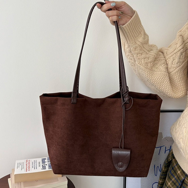 日韓流行|秋冬復古麂皮絨大容量包包新款女式休閒棕色托特包手提單肩通勤包「4F656」25.12-2