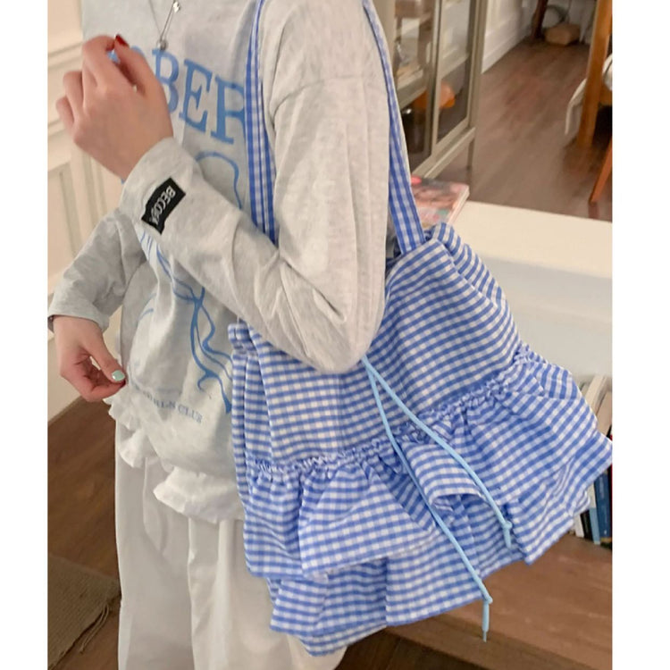 日韓流行 | 可愛學院風格子帆布包包女2025新款潮時尚韓國托特包大容量花邊包「9591#」25.04-4