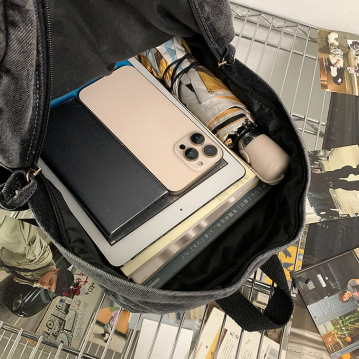 致青春|復古純色牛仔布雙肩包簡約大容量休閒旅行背包百搭國高中學生書包「1869-132」25.02-2