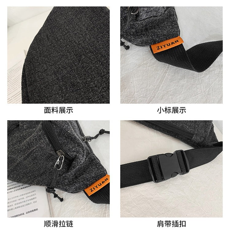 致青春|休閒胸包牛仔布斜背包韓潮酷男女運動單肩包大容量百搭腰包「1602-230」24.04-3