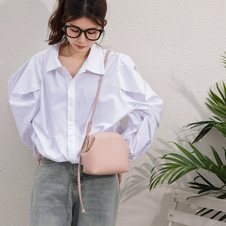 質感真皮|2024年新韓版小眾設計頭層牛皮真皮女包單肩斜背通勤貝殼包包女「6903」24.03-3