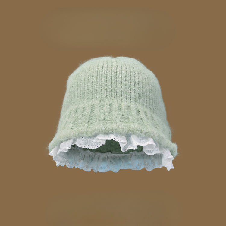 流行帽子|甜美純色白色花邊毛線帽女秋冬韓系保暖顯臉小盆帽針織毛線帽子女「C4628」24.10-3